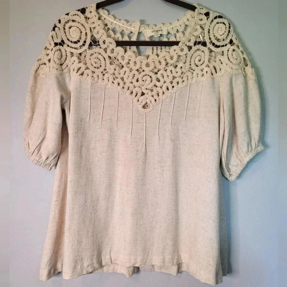 UMGEE linen cotton crochet lace balloon sleeve BOHO blouse top, oatmeal size M - Picture 1 of 9
